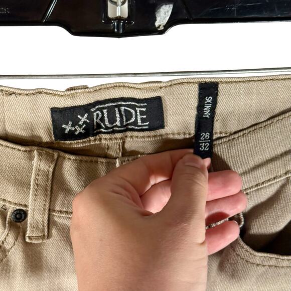 RUDE Hot Topic Men's 26x32 Tan Khaki Colored Skinny Slight Stretch Denim Jeans - Picture 4 of 11